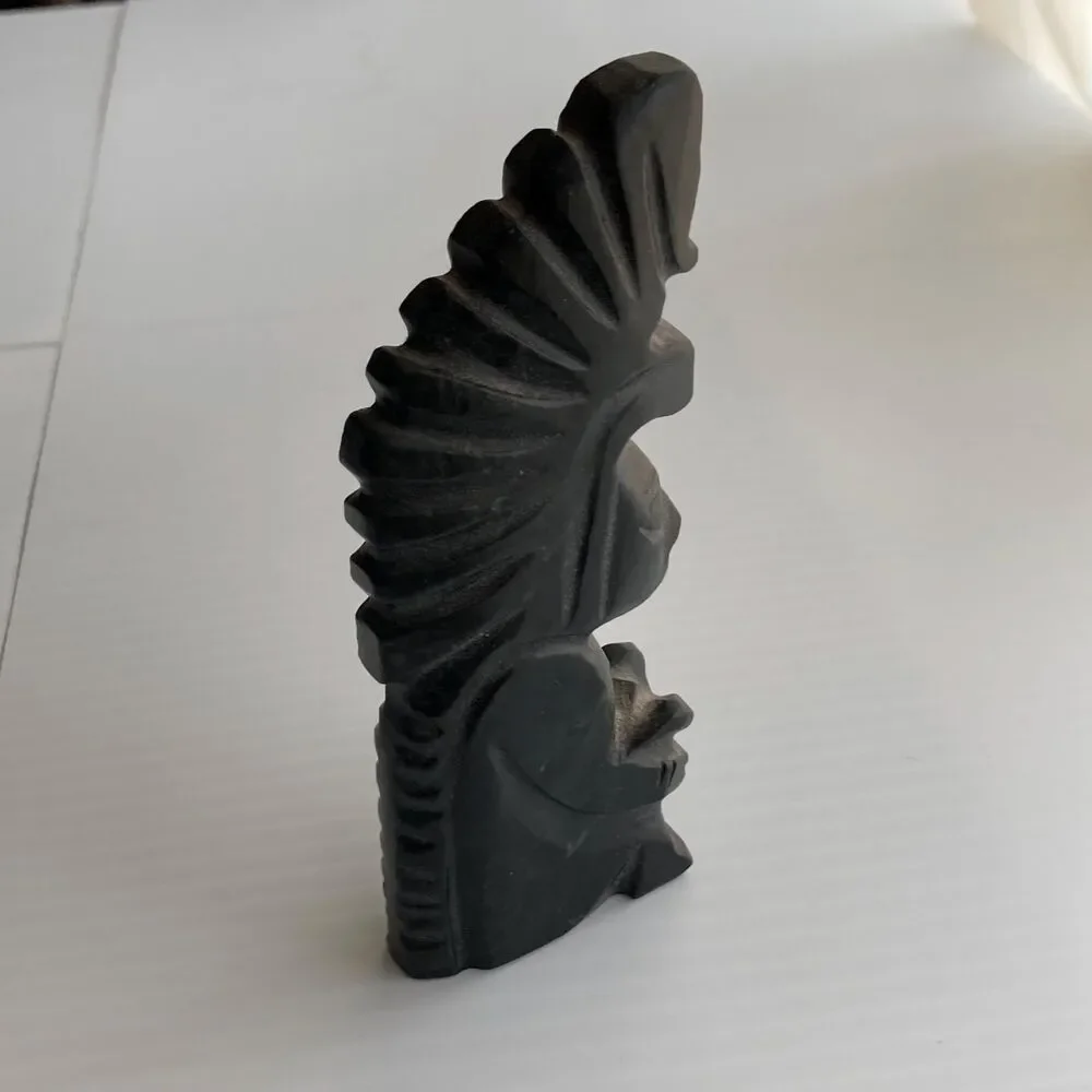 Hand-carved Aztec Head with Headdress Statue Black Obsidian 5 x 2 x 0.75 inches